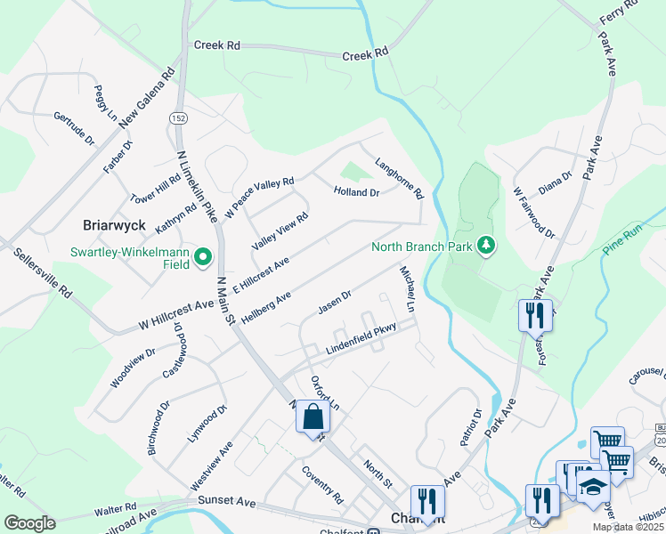 map of restaurants, bars, coffee shops, grocery stores, and more near 91 Hellberg Avenue in Chalfont