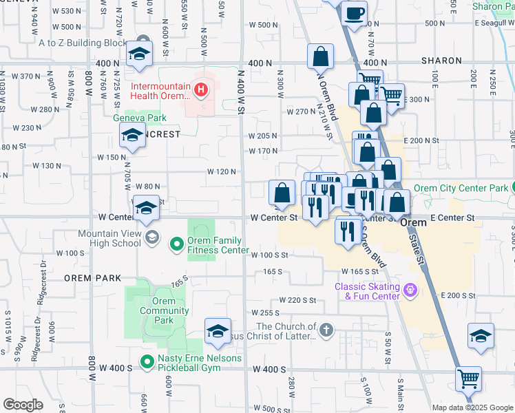 map of restaurants, bars, coffee shops, grocery stores, and more near 344 Center Street in Orem