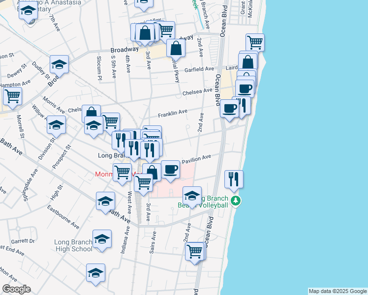 map of restaurants, bars, coffee shops, grocery stores, and more near 130 Morris Avenue in Long Branch