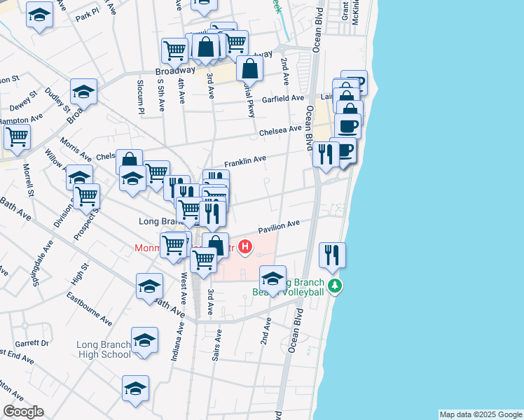 map of restaurants, bars, coffee shops, grocery stores, and more near 130 Morris Avenue in Long Branch
