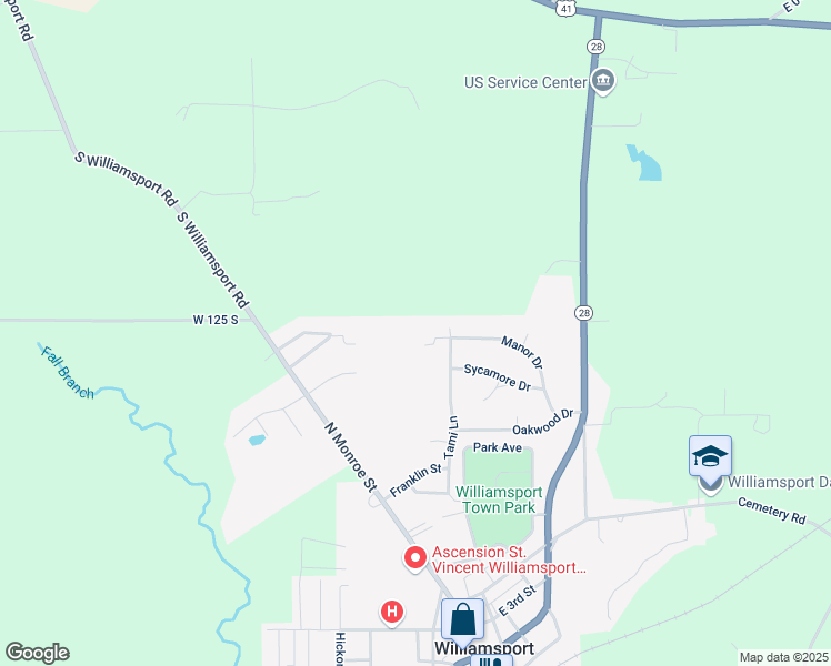 map of restaurants, bars, coffee shops, grocery stores, and more near Misty Lane in Williamsport