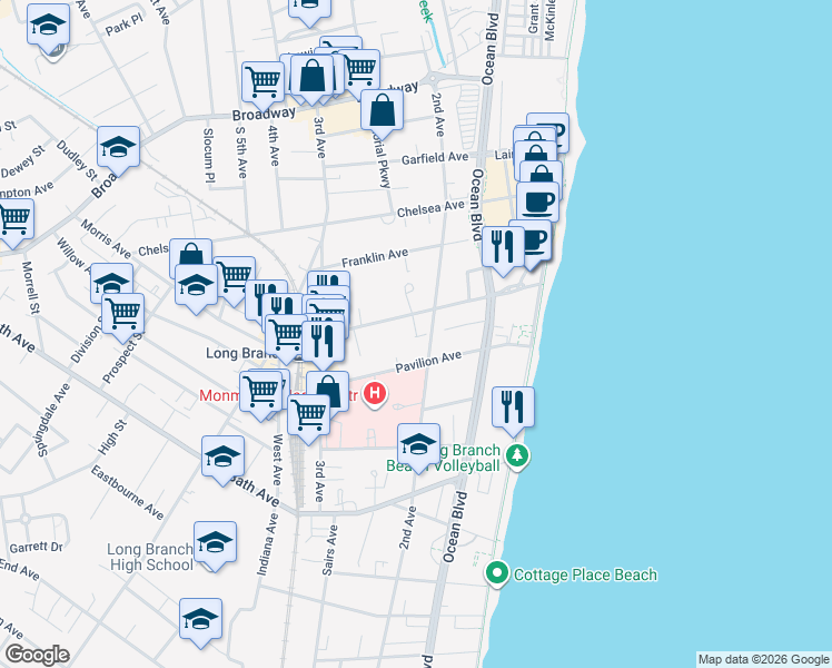 map of restaurants, bars, coffee shops, grocery stores, and more near 130 Morris Avenue in Long Branch