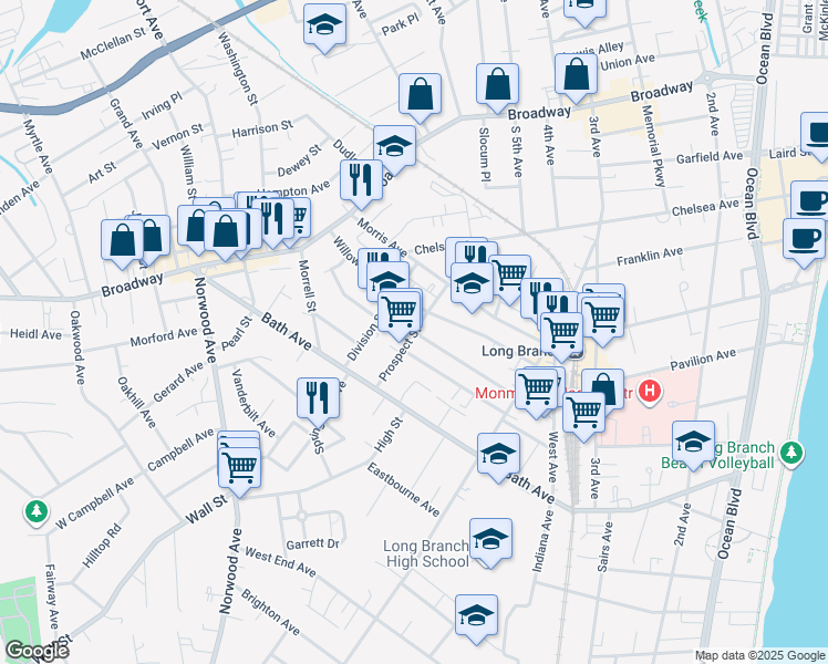 map of restaurants, bars, coffee shops, grocery stores, and more near Prospect Street in Long Branch