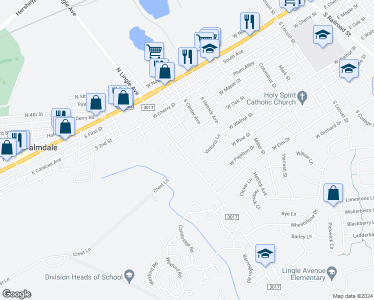 map of restaurants, bars, coffee shops, grocery stores, and more near 363 South Windsor Avenue in Palmyra