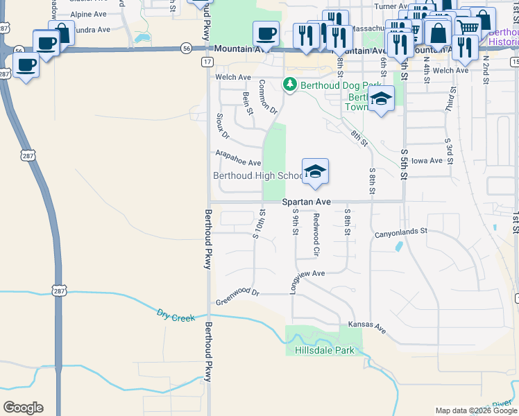map of restaurants, bars, coffee shops, grocery stores, and more near 411 Cheyenne Drive in Berthoud