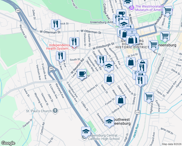 map of restaurants, bars, coffee shops, grocery stores, and more near 534 Grove Street in Greensburg