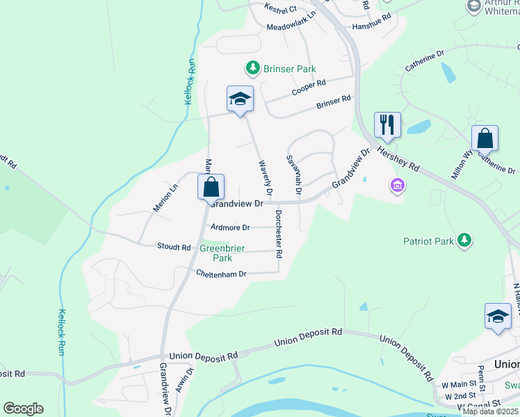 map of restaurants, bars, coffee shops, grocery stores, and more near 264 Grandview Drive in Hummelstown