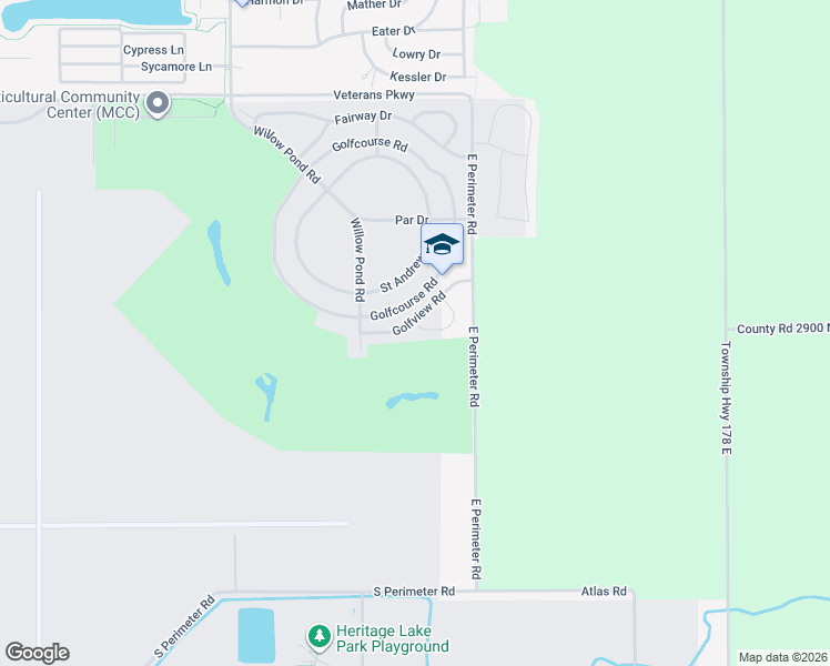 map of restaurants, bars, coffee shops, grocery stores, and more near 1520 Golfview Road in Rantoul