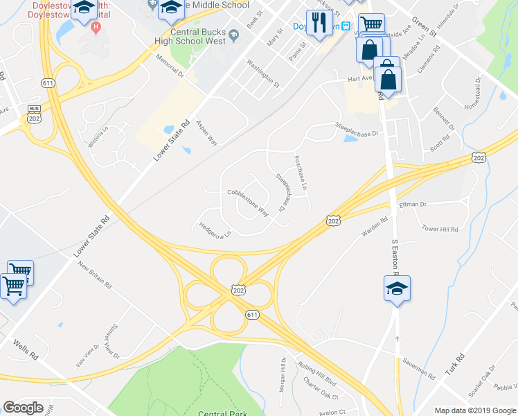 map of restaurants, bars, coffee shops, grocery stores, and more near 446 Cobblestone Way in Doylestown