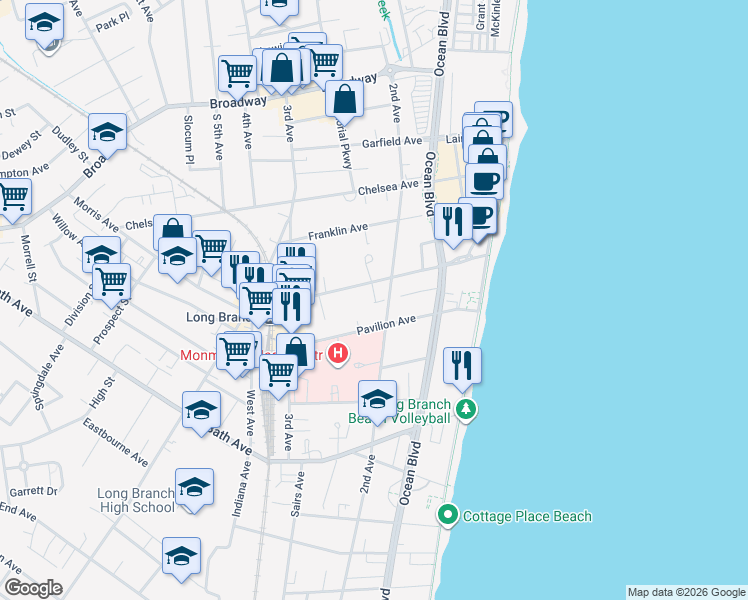 map of restaurants, bars, coffee shops, grocery stores, and more near 130 Morris Avenue in Long Branch