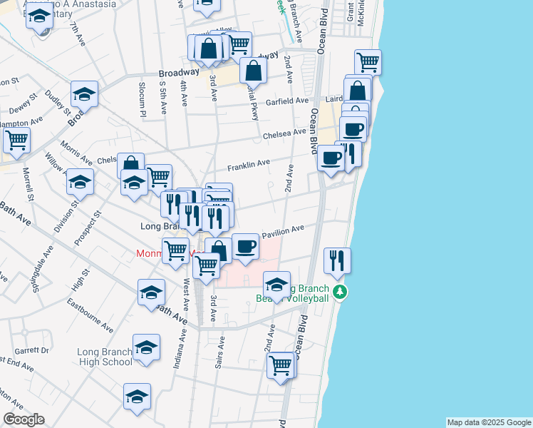 map of restaurants, bars, coffee shops, grocery stores, and more near 130 Morris Avenue in Long Branch