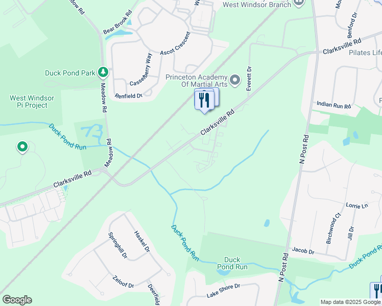 map of restaurants, bars, coffee shops, grocery stores, and more near 17121 Travis Court in West Windsor Township