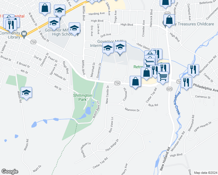map of restaurants, bars, coffee shops, grocery stores, and more near 205 New Castle Drive in Shillington