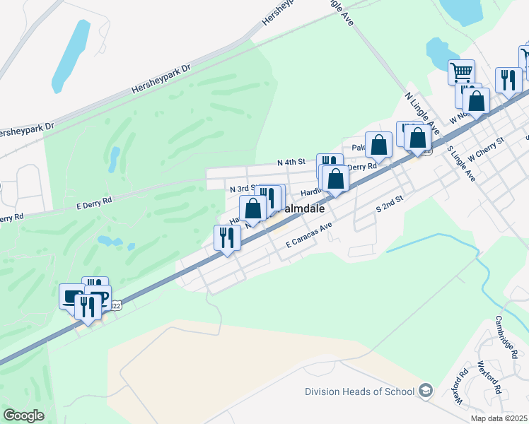 map of restaurants, bars, coffee shops, grocery stores, and more near 1256 Harding Avenue in Hershey