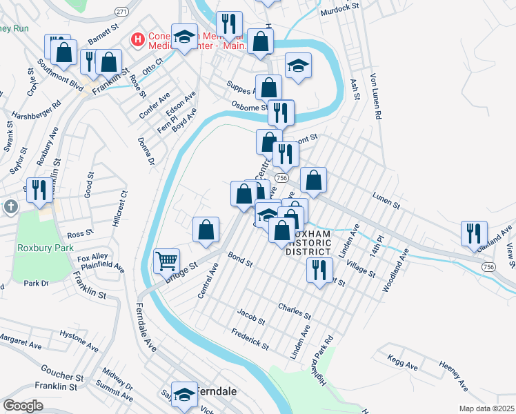 map of restaurants, bars, coffee shops, grocery stores, and more near 563 Coleman Avenue in Johnstown