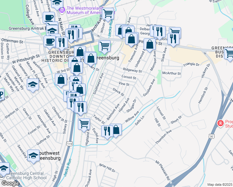 map of restaurants, bars, coffee shops, grocery stores, and more near 509 Tremont Avenue in Greensburg