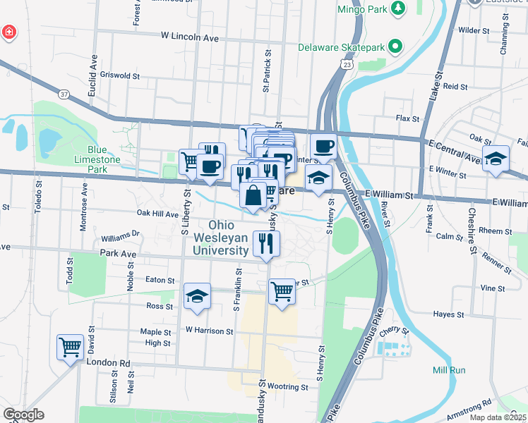 map of restaurants, bars, coffee shops, grocery stores, and more near 10 Spring Street in Delaware
