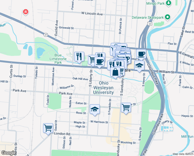 map of restaurants, bars, coffee shops, grocery stores, and more near 50 South Washington Street in Delaware