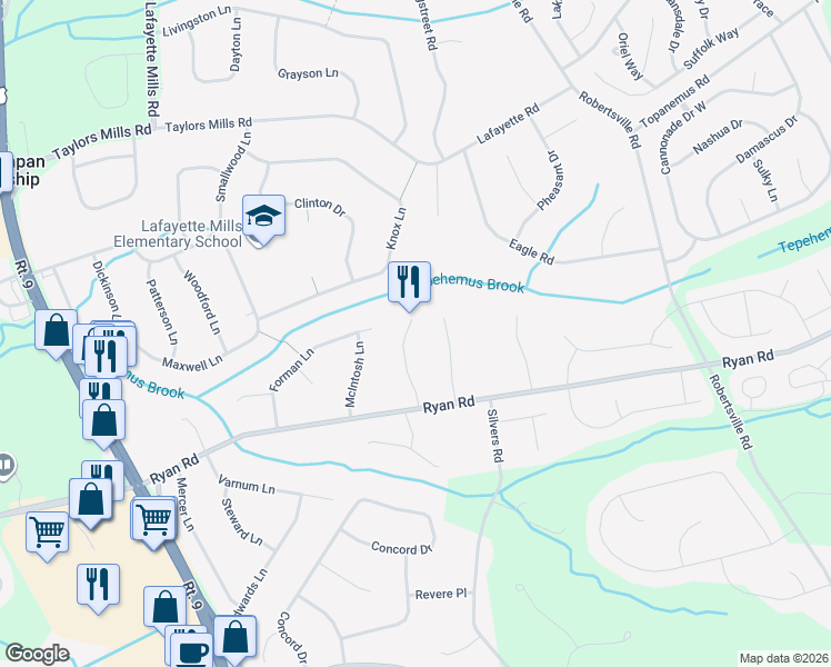 map of restaurants, bars, coffee shops, grocery stores, and more near 14 Rodeo Dr in Marlboro