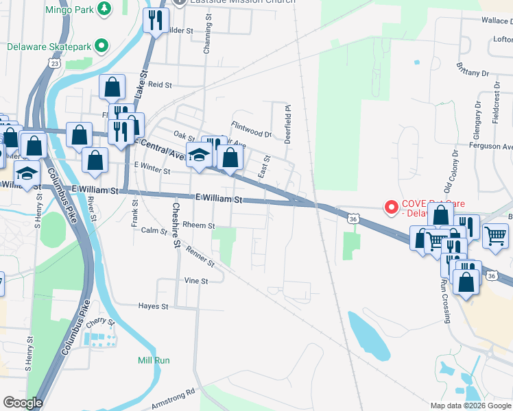 map of restaurants, bars, coffee shops, grocery stores, and more near 370 East William Street in Delaware