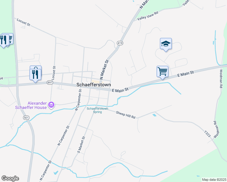 map of restaurants, bars, coffee shops, grocery stores, and more near 1455 Heidelberg Avenue in Schaefferstown