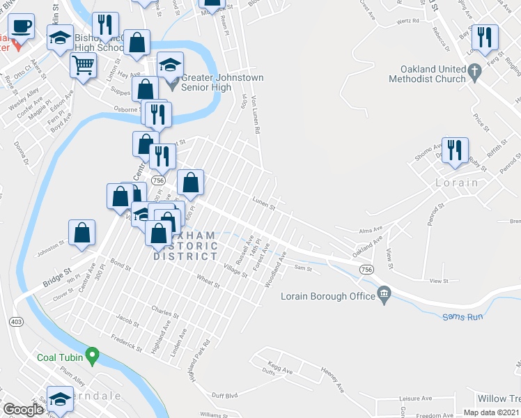 map of restaurants, bars, coffee shops, grocery stores, and more near 409 Russell Avenue in Johnstown