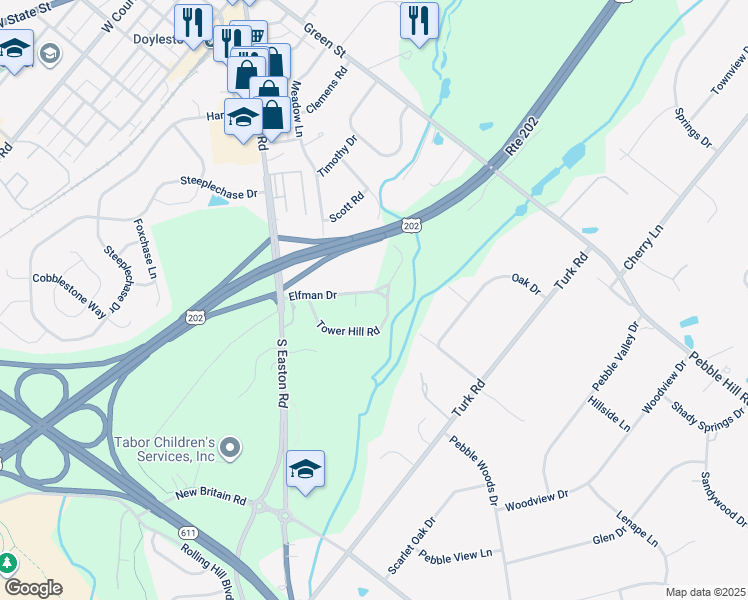 map of restaurants, bars, coffee shops, grocery stores, and more near 99 Elfman Drive in Doylestown