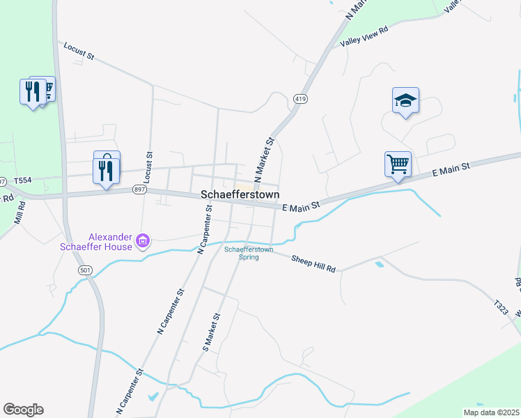 map of restaurants, bars, coffee shops, grocery stores, and more near 100 South Market Street in Schaefferstown