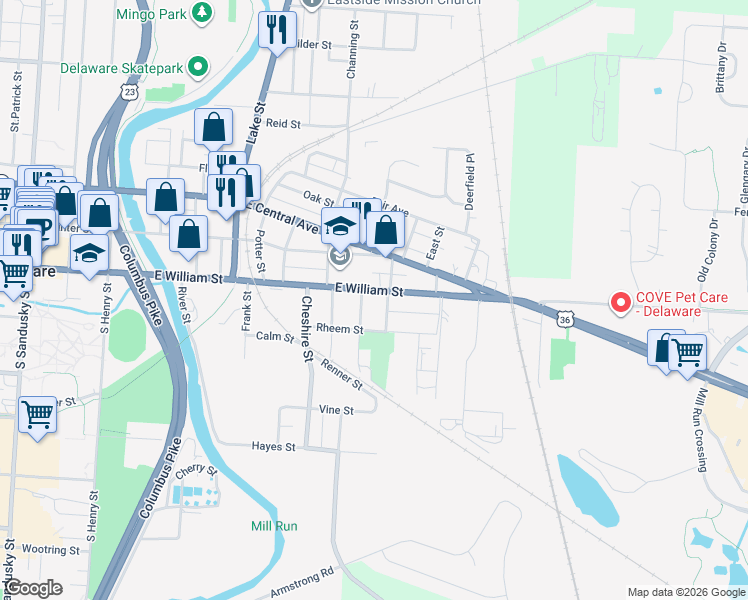 map of restaurants, bars, coffee shops, grocery stores, and more near 316 East William Street in Delaware