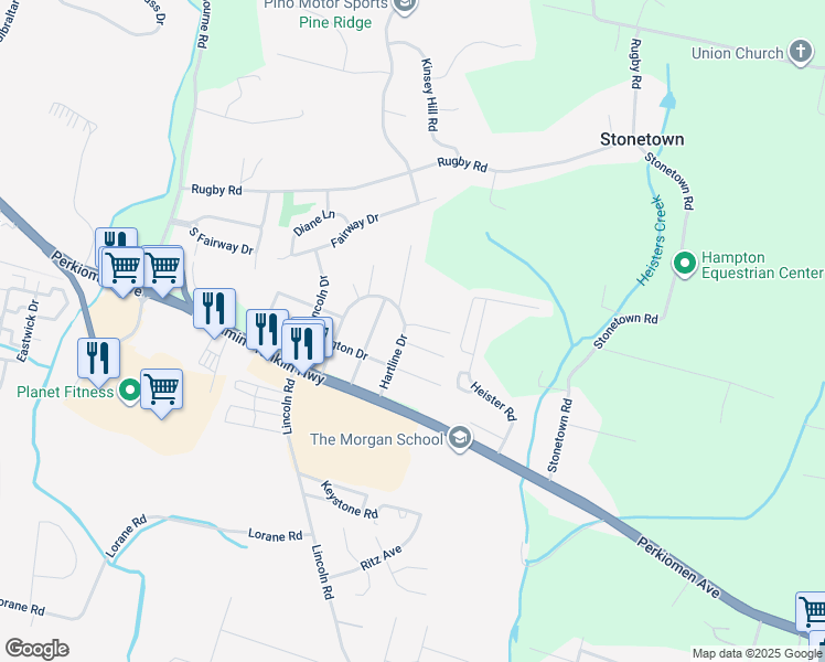 map of restaurants, bars, coffee shops, grocery stores, and more near 6100 Glen Road in Reading