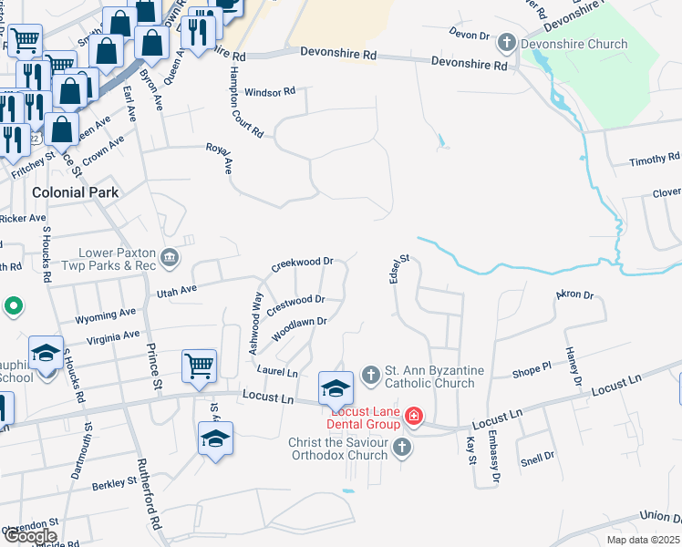 map of restaurants, bars, coffee shops, grocery stores, and more near 210 Eastwood Drive in Harrisburg