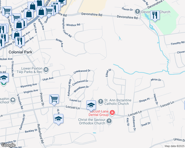map of restaurants, bars, coffee shops, grocery stores, and more near 210 Eastwood Drive in Harrisburg