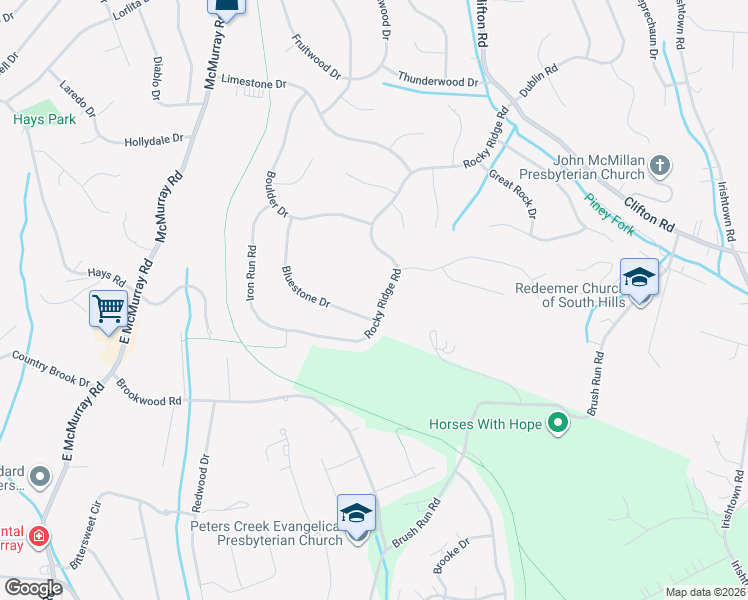 map of restaurants, bars, coffee shops, grocery stores, and more near 309 Rocky Ridge Road in Bethel Park