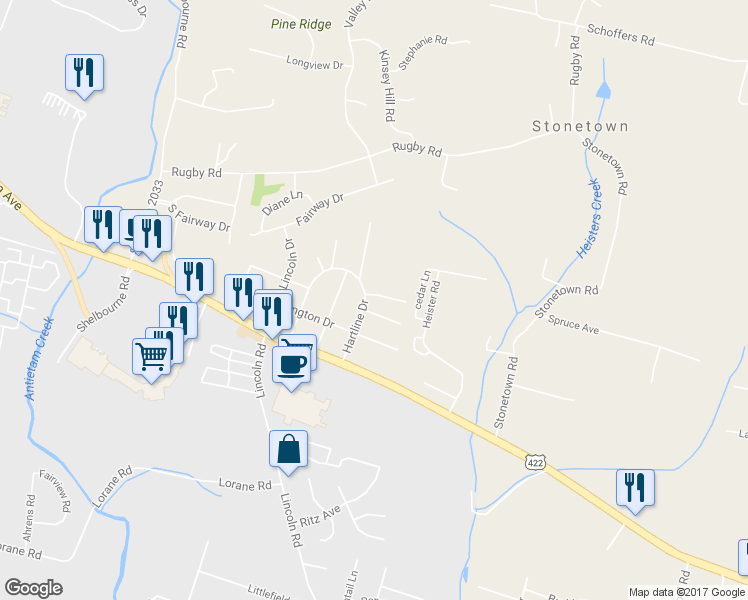 map of restaurants, bars, coffee shops, grocery stores, and more near 6100 Glen Road in Reading