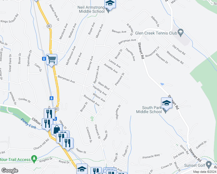 map of restaurants, bars, coffee shops, grocery stores, and more near 1531 Main Boulevard in South Park Township