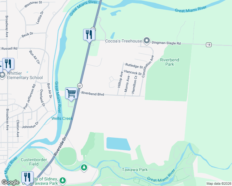 map of restaurants, bars, coffee shops, grocery stores, and more near 825 Hilltop Avenue in Sidney