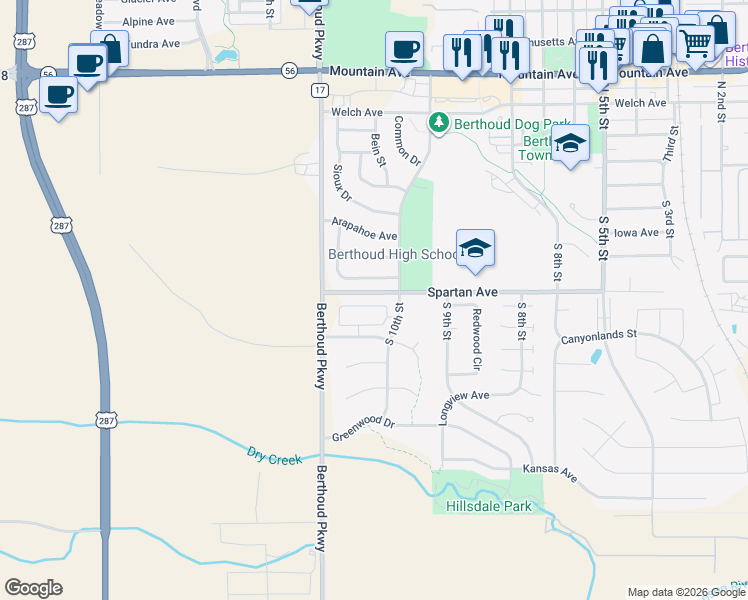 map of restaurants, bars, coffee shops, grocery stores, and more near 403 Cheyenne Drive in Berthoud