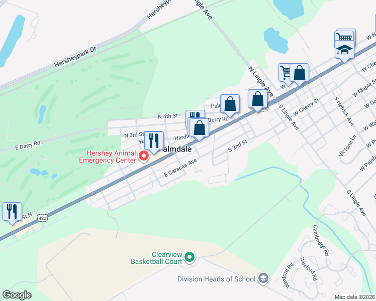 map of restaurants, bars, coffee shops, grocery stores, and more near 1428 East Chocolate Avenue in Hershey