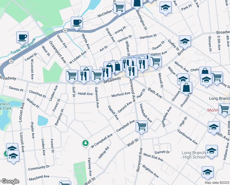 map of restaurants, bars, coffee shops, grocery stores, and more near 663 Morford Avenue in Long Branch