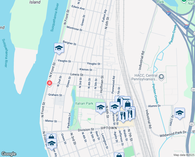 map of restaurants, bars, coffee shops, grocery stores, and more near 3135 North 5th Street in Harrisburg