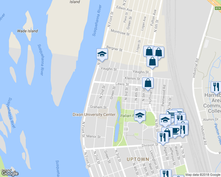map of restaurants, bars, coffee shops, grocery stores, and more near 3118 Green Street in Harrisburg
