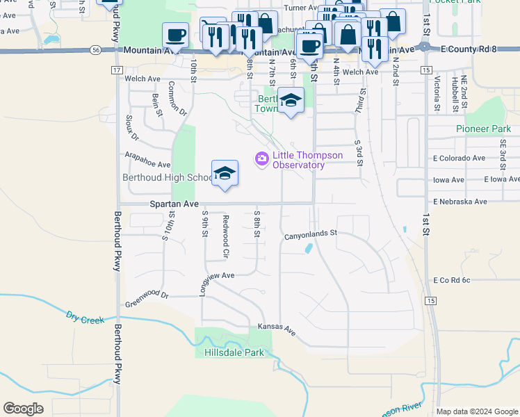 map of restaurants, bars, coffee shops, grocery stores, and more near 790 Douglas Place in Berthoud