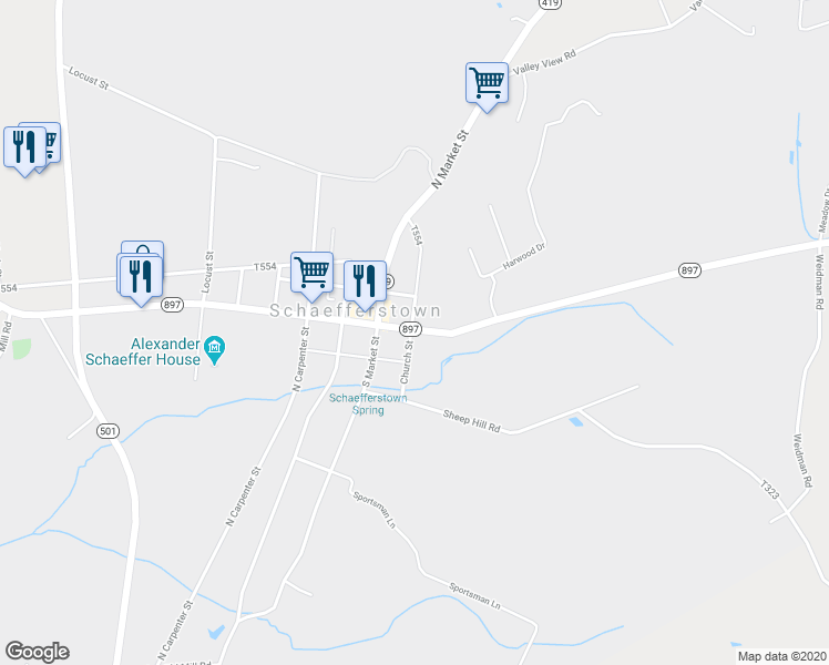map of restaurants, bars, coffee shops, grocery stores, and more near 200E Heidelberg Avenue in Newmanstown