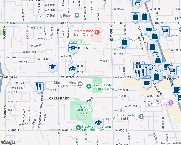 map of restaurants, bars, coffee shops, grocery stores, and more near 565 West 40 North in Orem