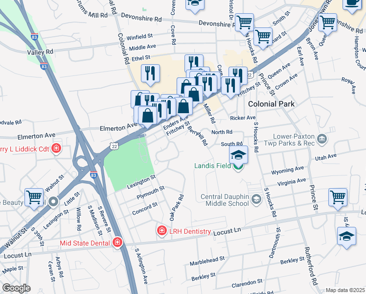 map of restaurants, bars, coffee shops, grocery stores, and more near 108 Oak Park Cir in Harrisburg