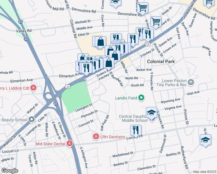 map of restaurants, bars, coffee shops, grocery stores, and more near 108 Oak Park Cir in Harrisburg