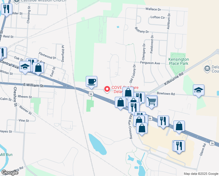 map of restaurants, bars, coffee shops, grocery stores, and more near 599 U.S. 36 in Delaware