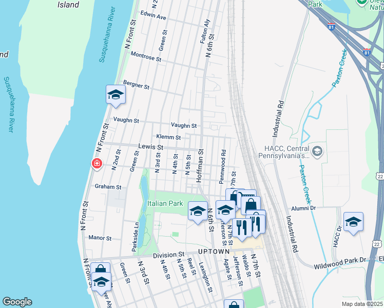map of restaurants, bars, coffee shops, grocery stores, and more near 3135 North 5th Street in Harrisburg