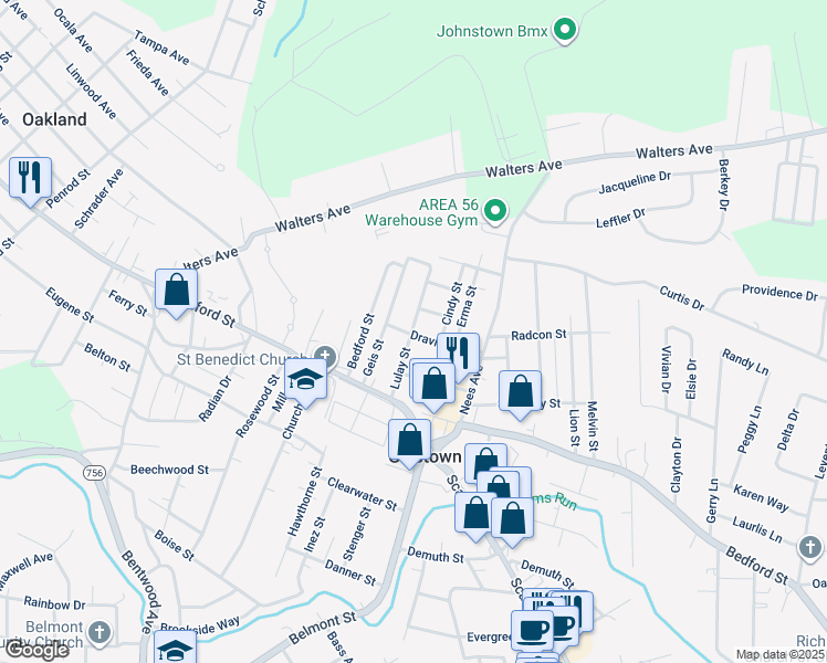 map of restaurants, bars, coffee shops, grocery stores, and more near 199 Lulay St in Johnstown