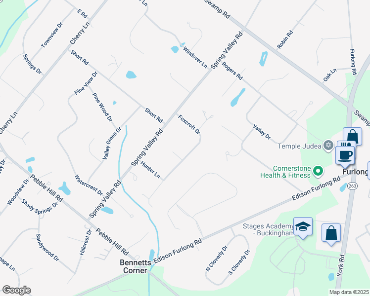 map of restaurants, bars, coffee shops, grocery stores, and more near 50 Foxcroft Drive in Doylestown